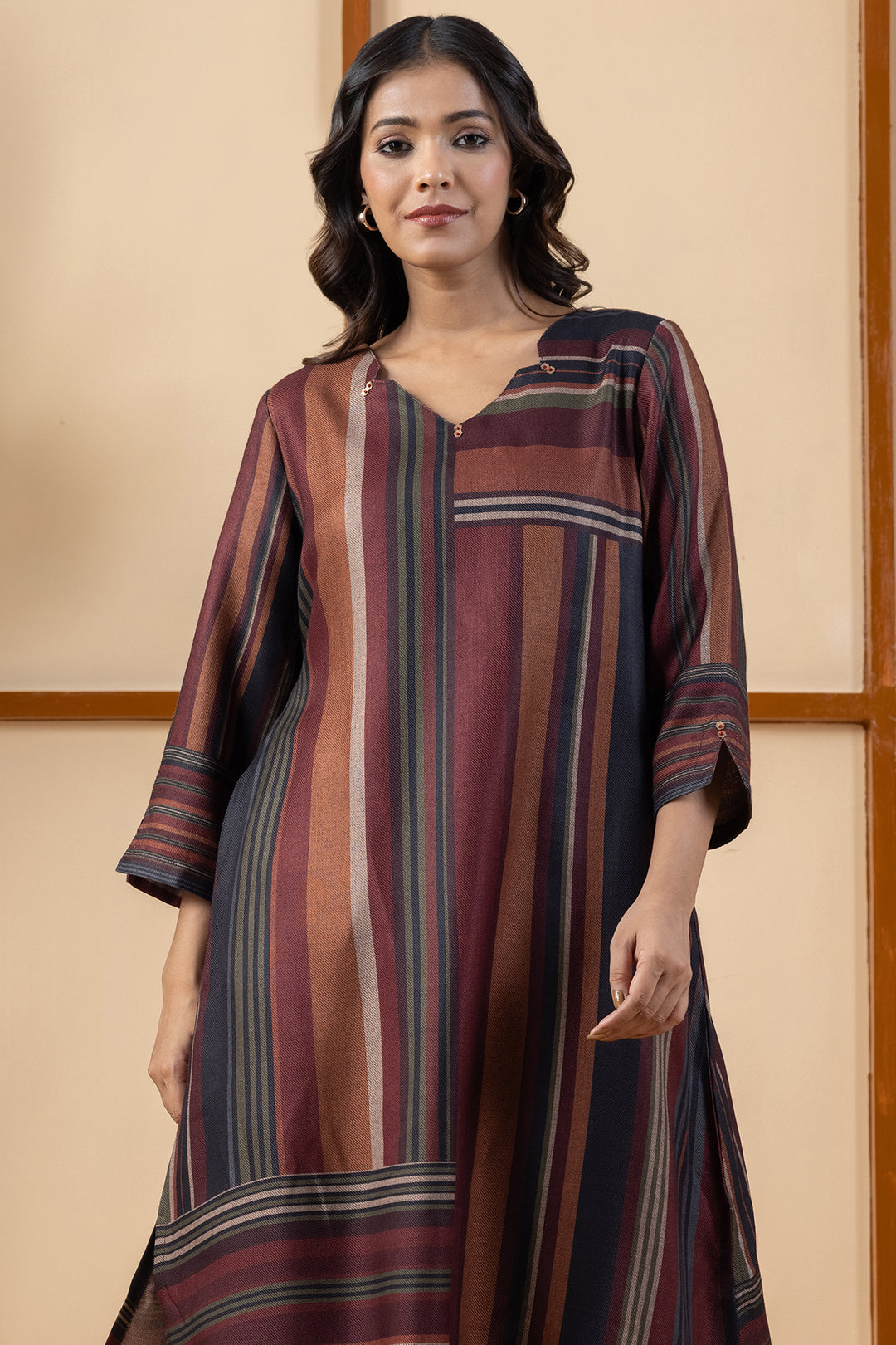 Multicolour striped pashmina winter kurta for women with a stylish pattern