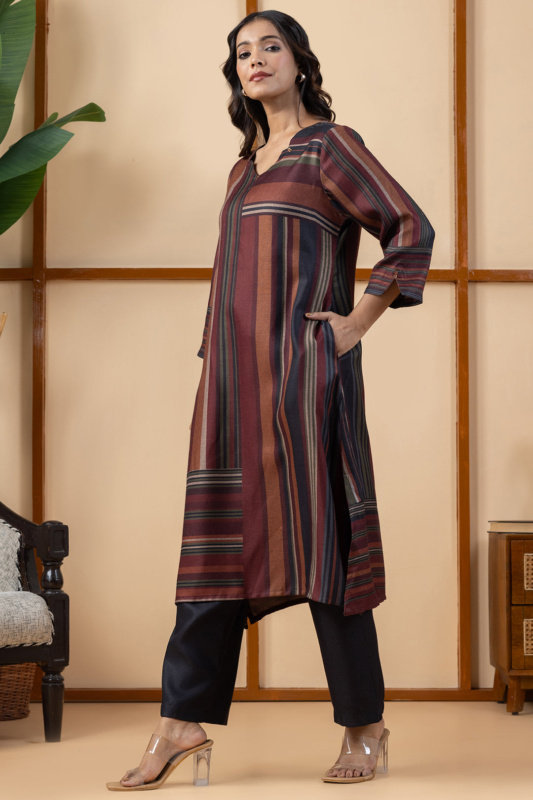 Multicolour striped pashmina winter kurta for women with a stylish pattern
