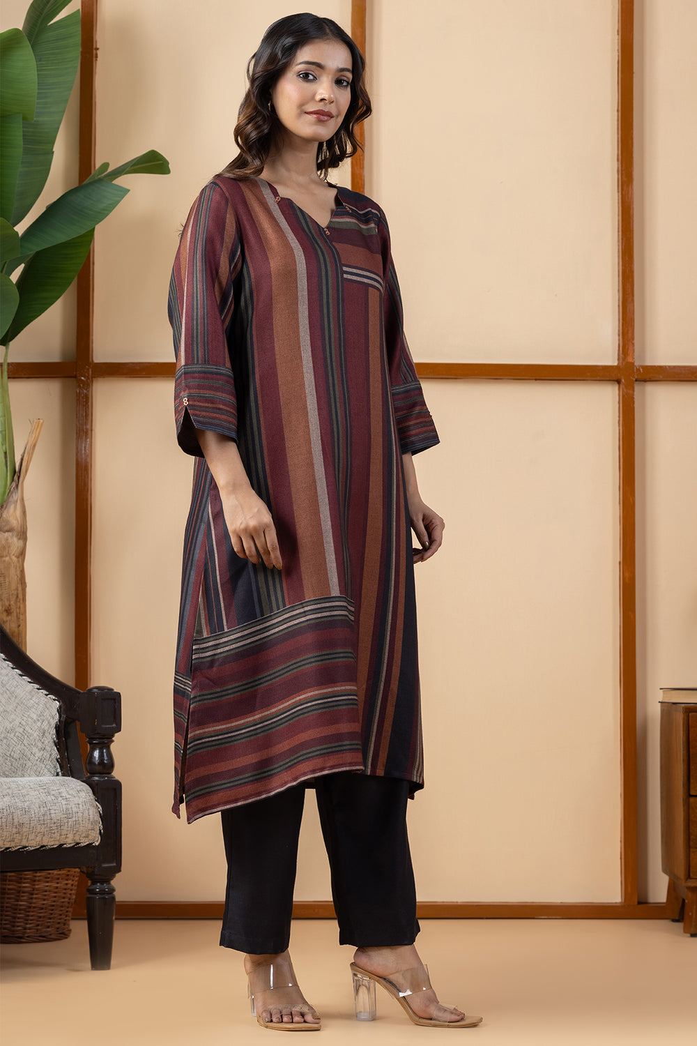 Multicolour striped pashmina winter kurta for women with a stylish pattern