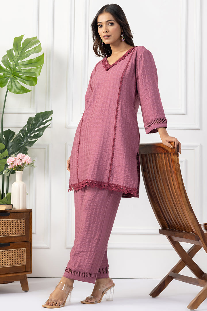 Onion Pink Viscose Dobby V Neck Kurta Set