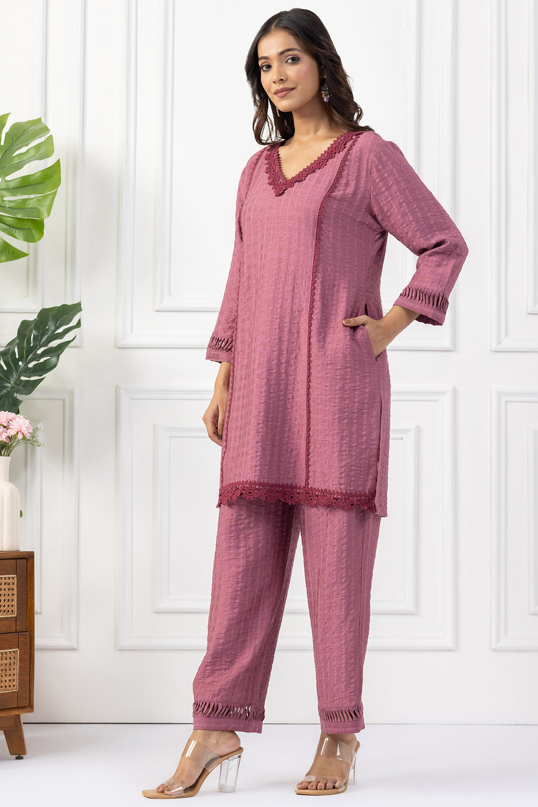 Onion Pink Viscose Dobby V Neck Kurta Set