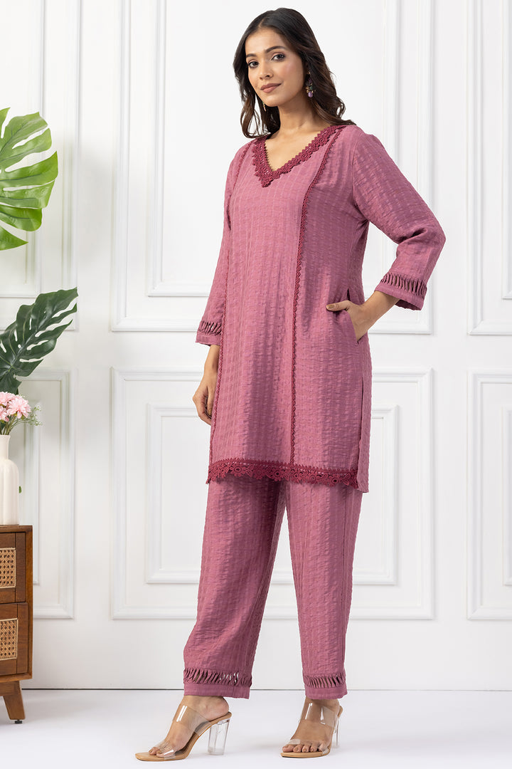 Onion Pink Viscose Dobby V Neck Kurta Set