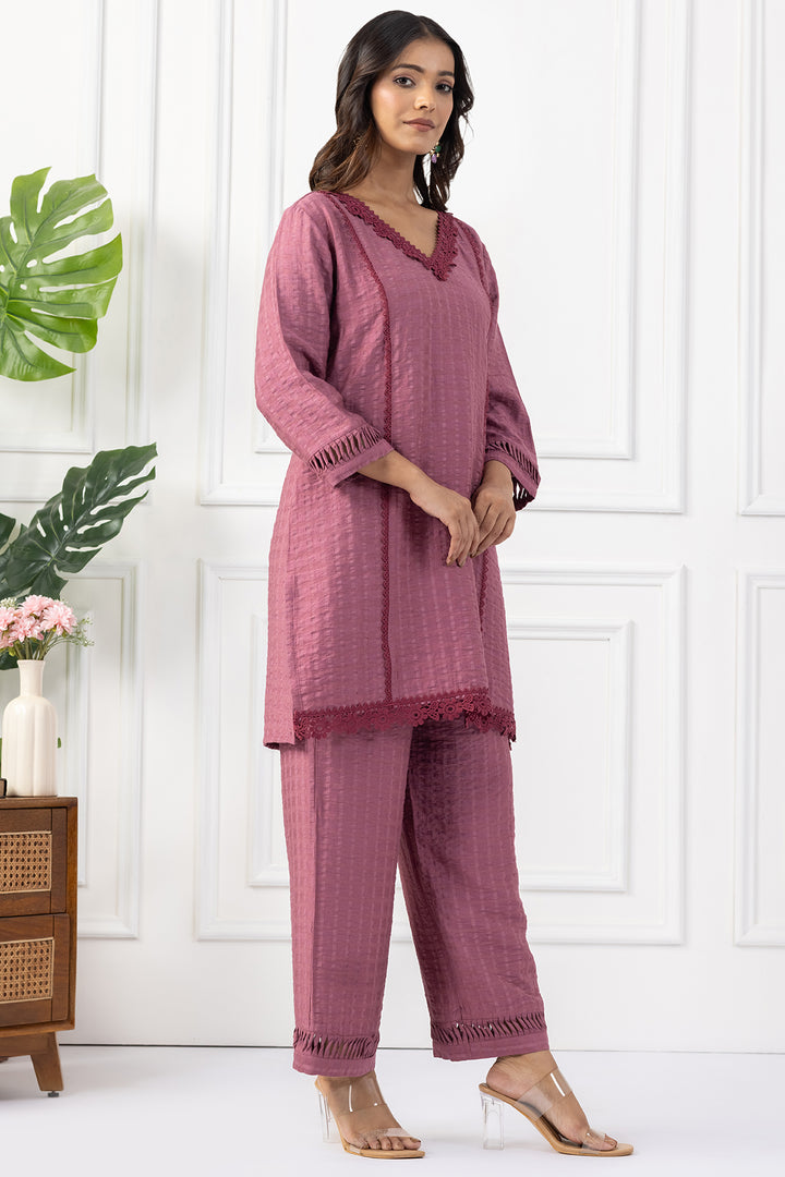Onion Pink Viscose Dobby V Neck Kurta Set