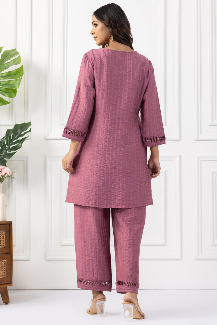 Onion Pink Viscose Dobby V Neck Kurta Set