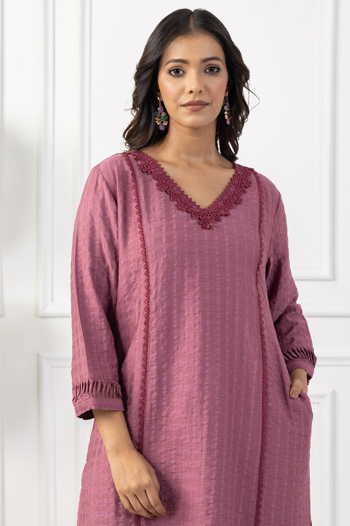 Onion Pink Viscose Dobby V Neck Kurta Set
