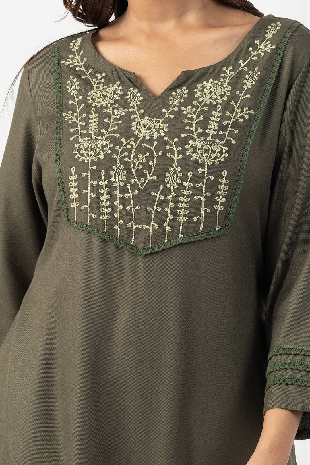 Olive Green Tencel Embroidered Kurta