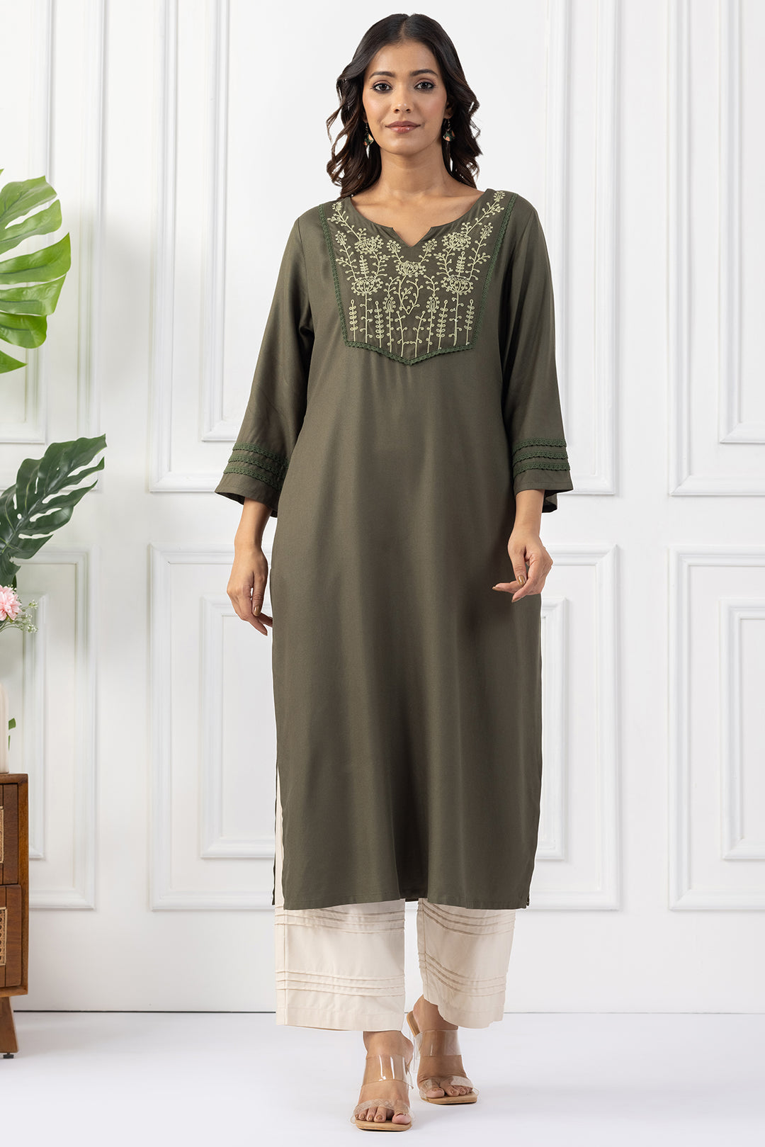 Olive Green Tencel Embroidered Kurta