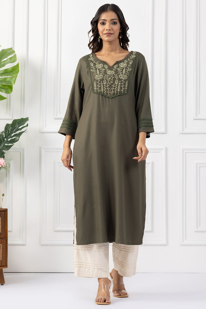 Olive Green Tencel Embroidered Kurta