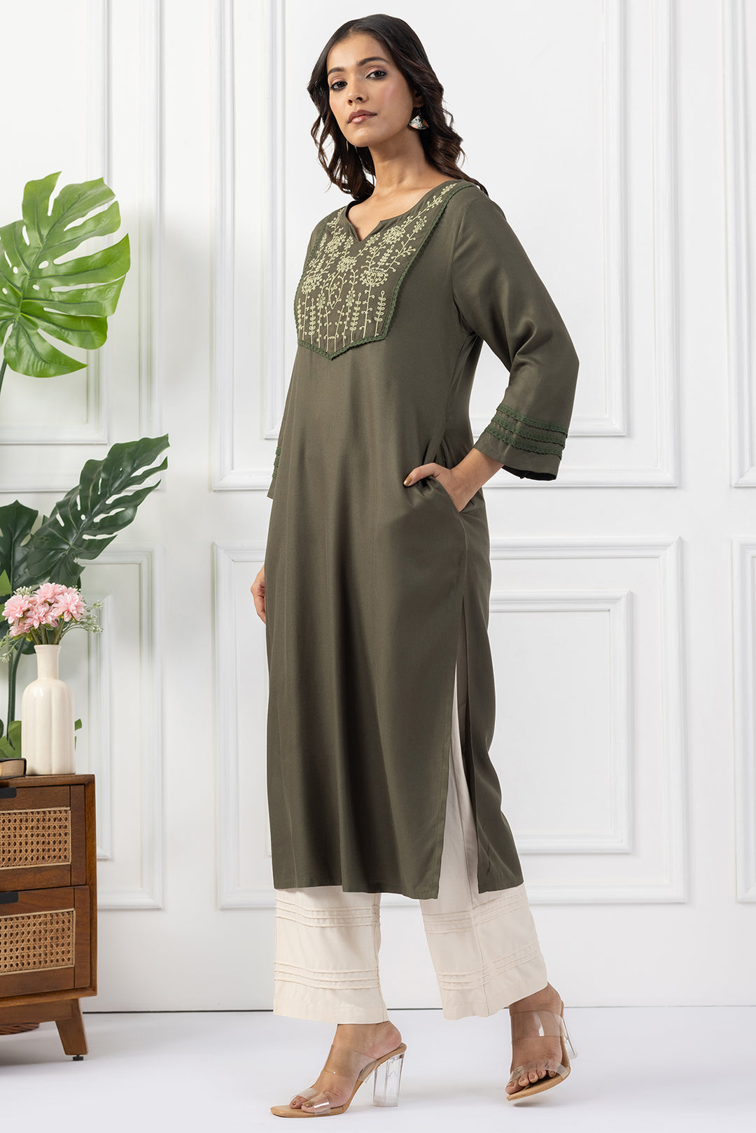 Olive Green Tencel Embroidered Kurta