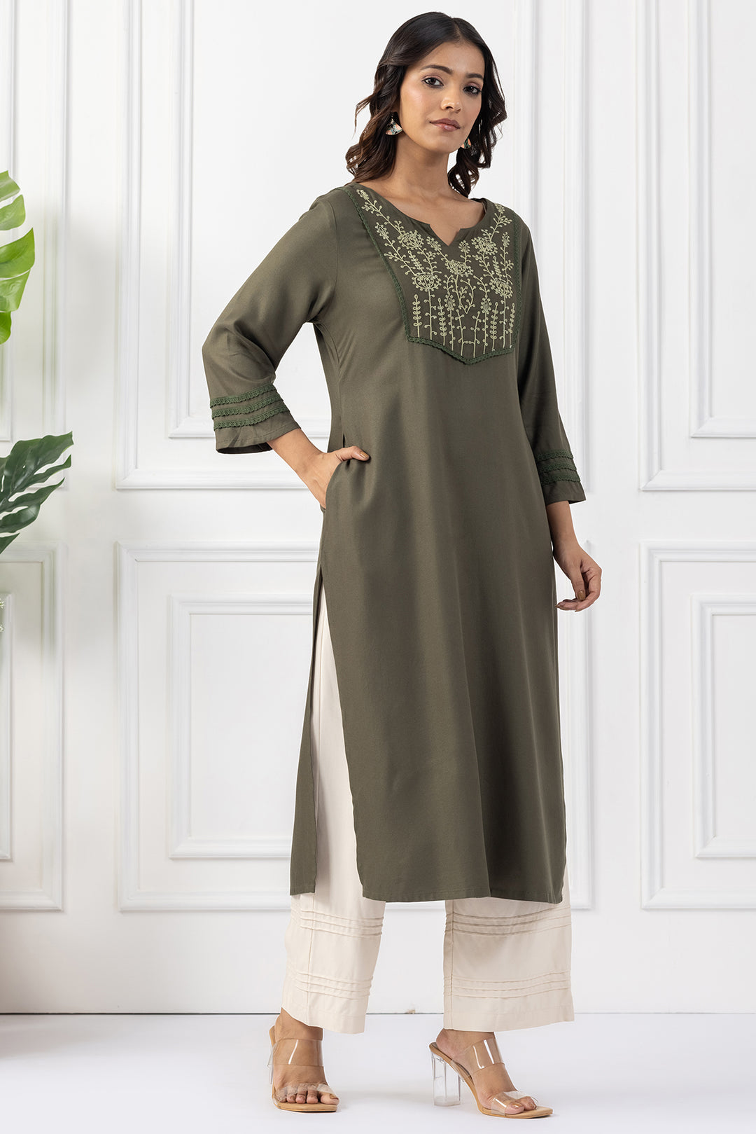 Olive Green Tencel Embroidered Kurta