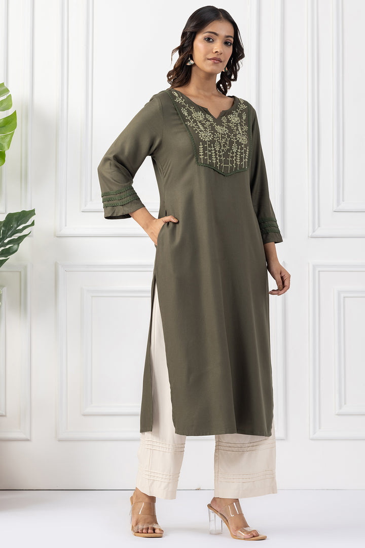 Olive Green Tencel Embroidered Kurta