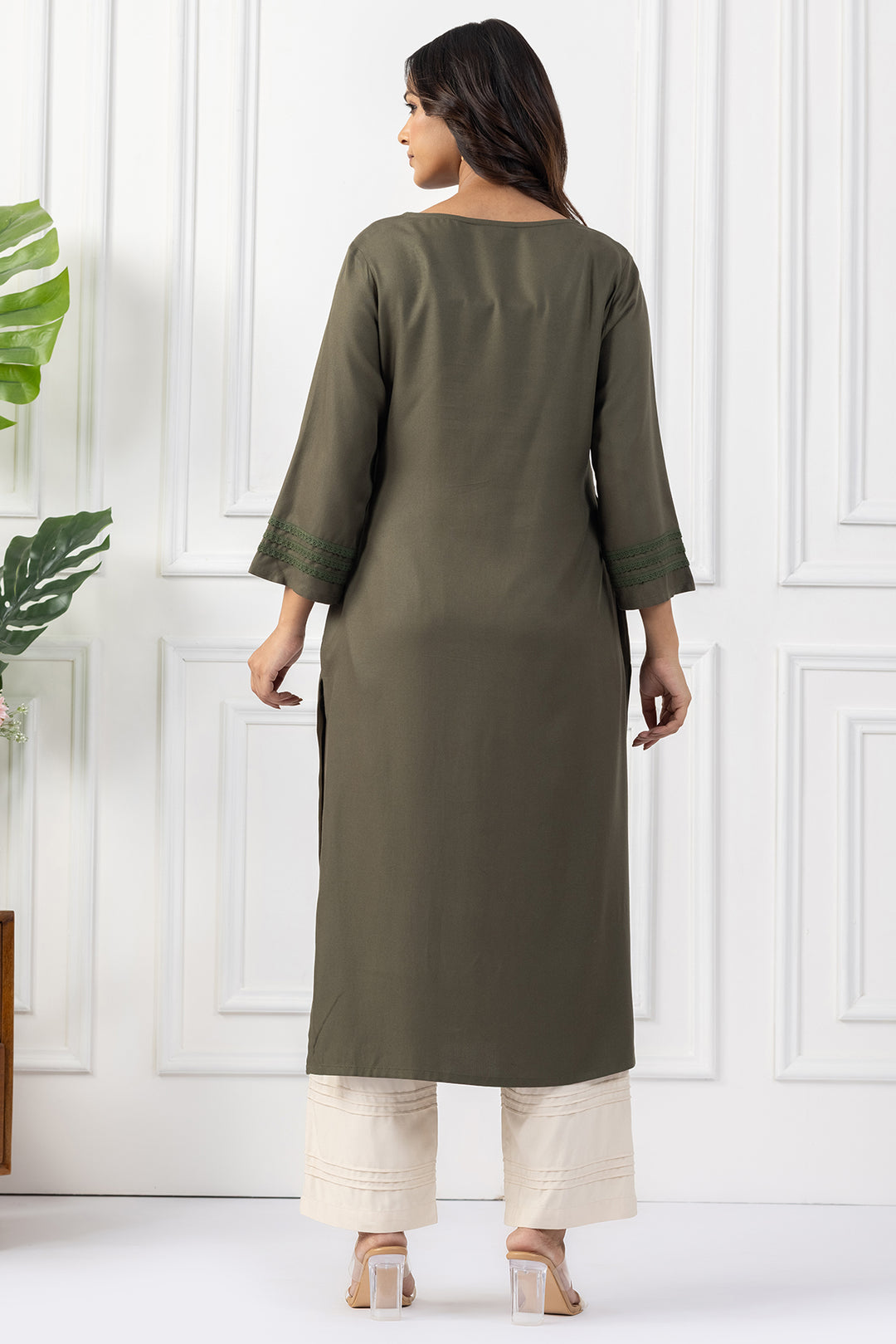 Olive Green Tencel Embroidered Kurta