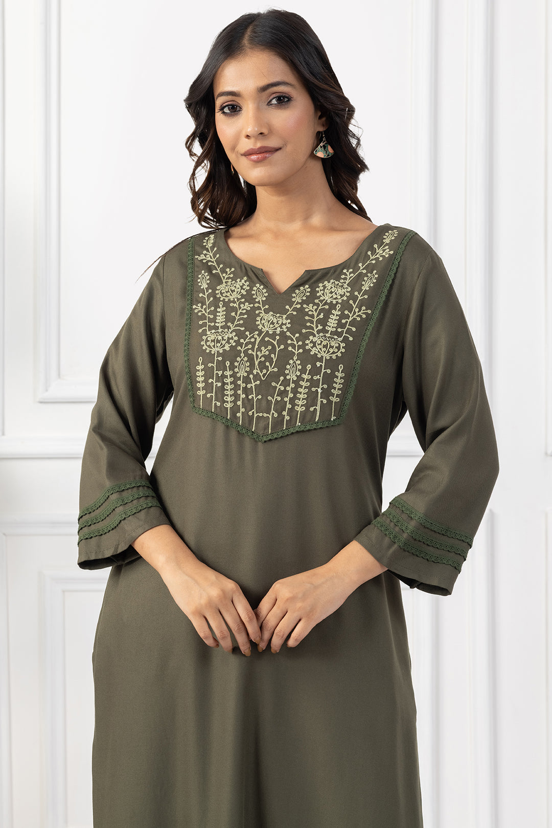 Olive Green Tencel Embroidered Kurta