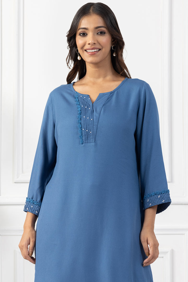 Blue Tencel Pintuck Kurta Set