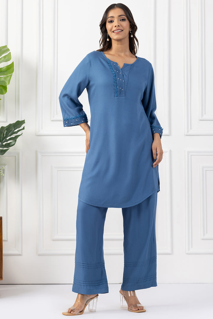 Blue Tencel Pintuck Kurta Set