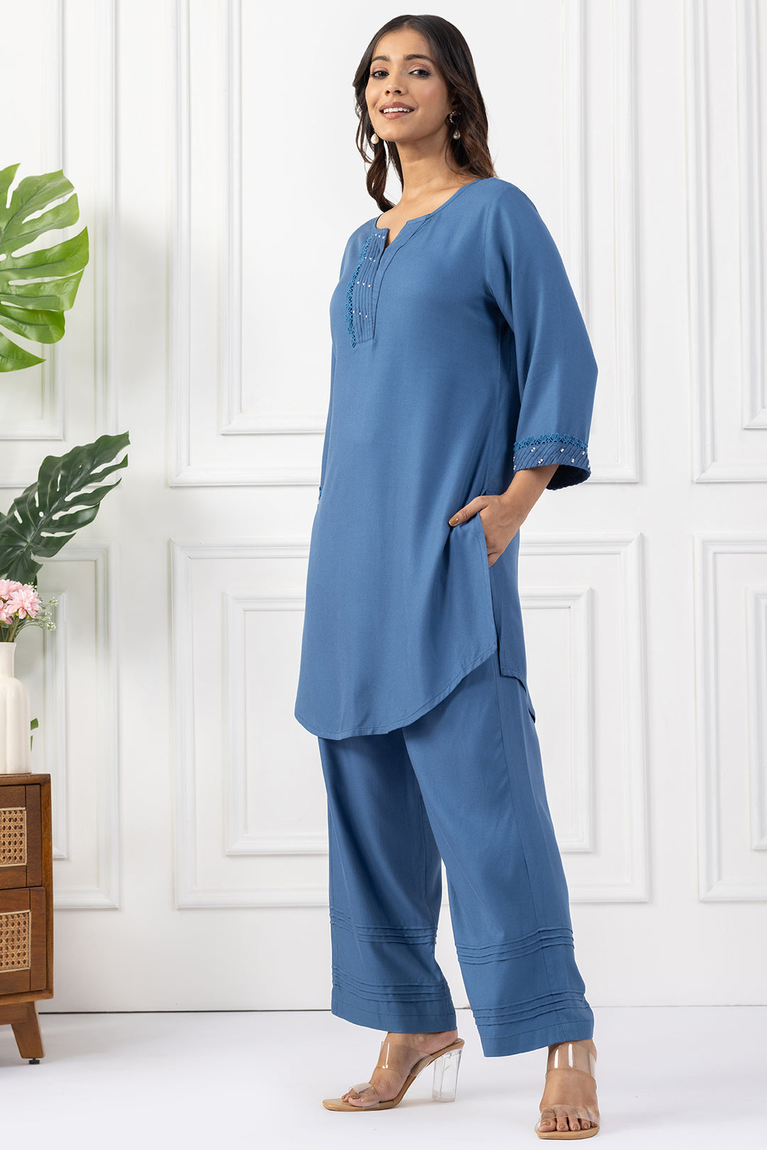 Blue Tencel Pintuck Kurta Set