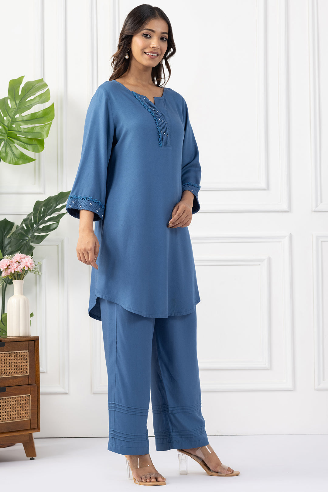 Blue Tencel Pintuck Kurta Set