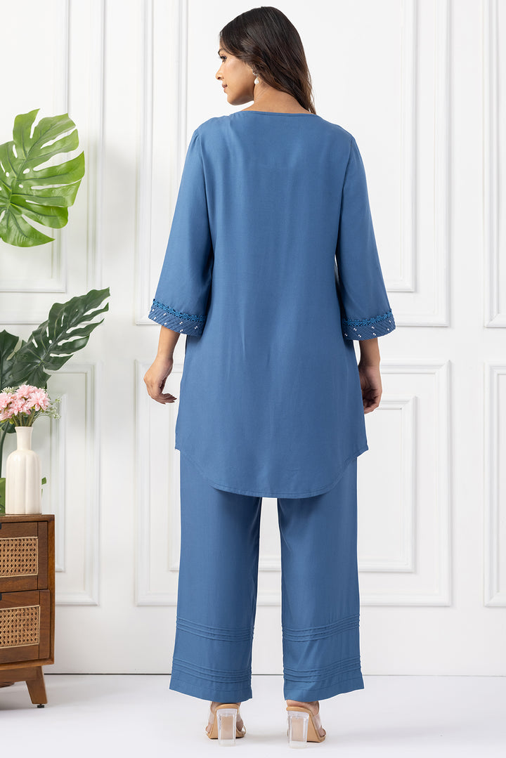 Blue Tencel Pintuck Kurta Set