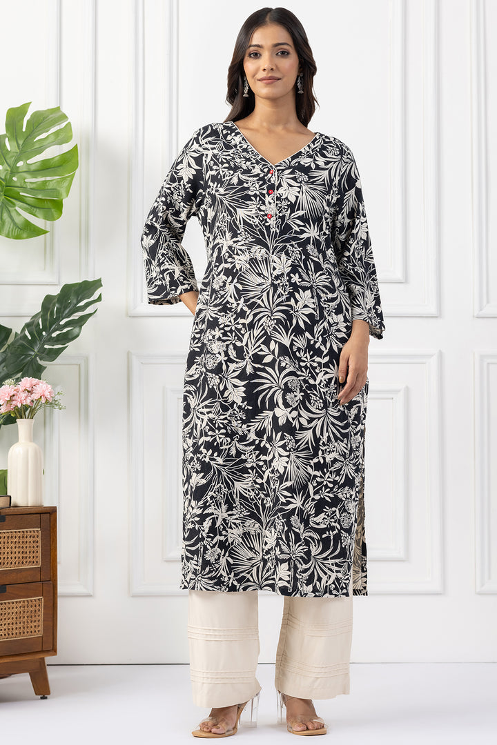 Black &amp; Beige Printed Linen Kurta