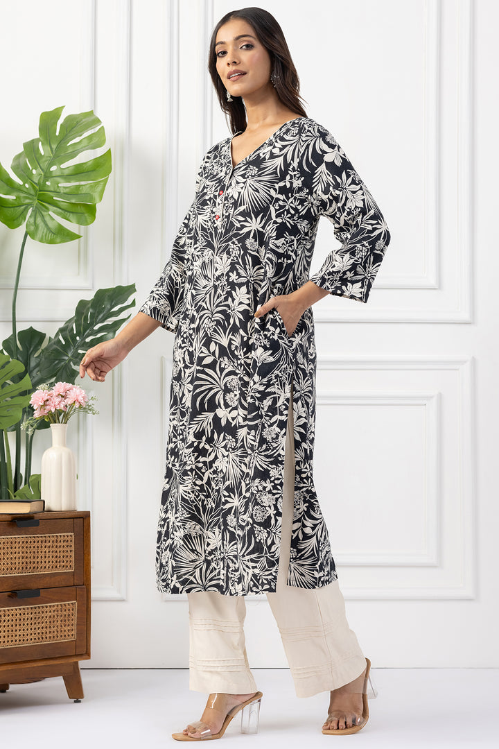 Black &amp; Beige Printed Linen Kurta