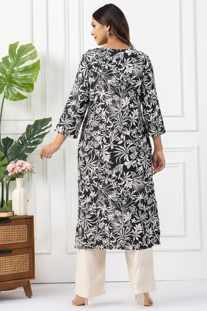 Black &amp; Beige Printed Linen Kurta