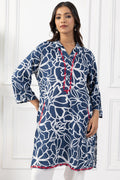 Navy & White Printed Viscose Kurta with Collared Neck