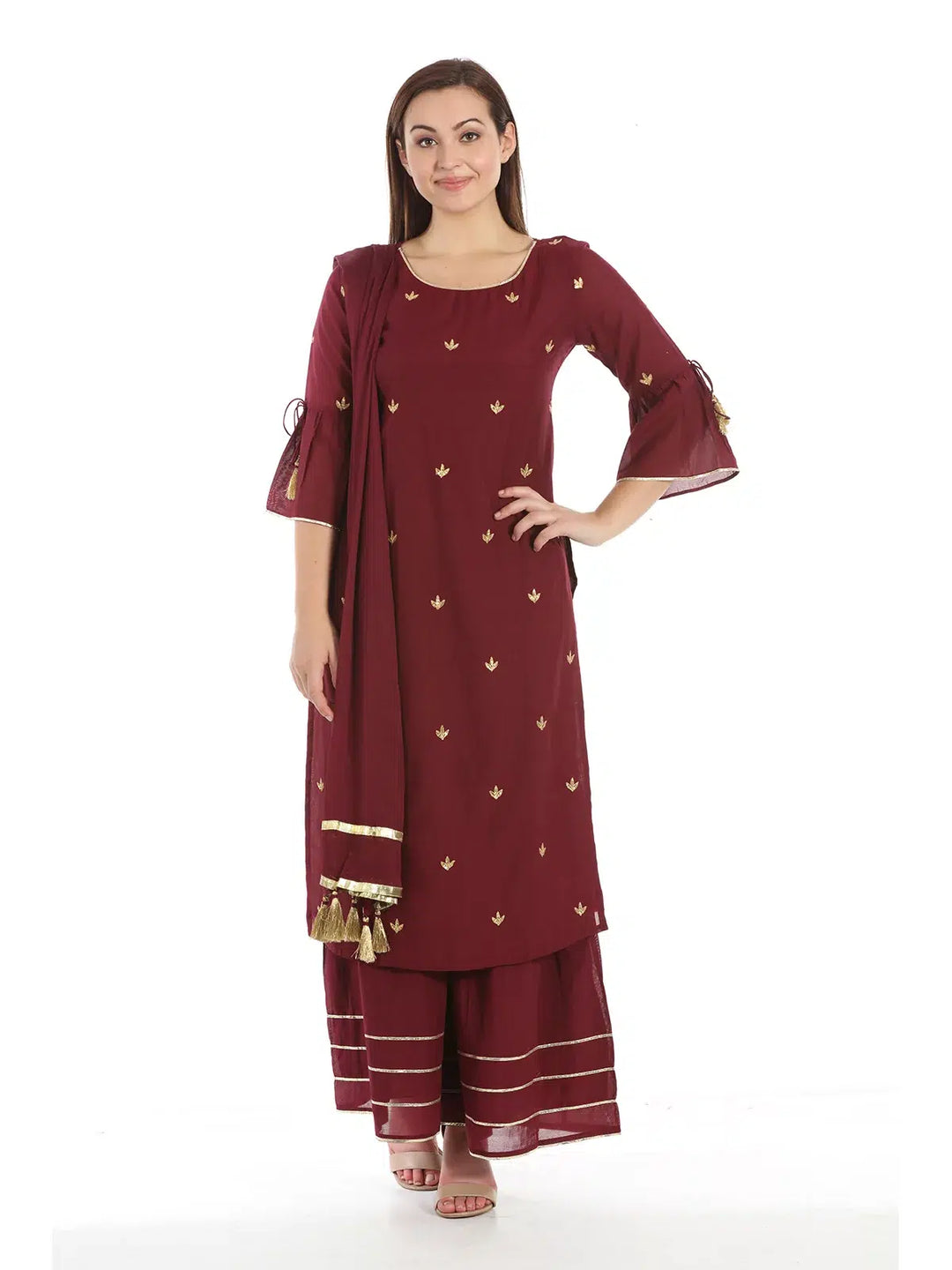 Wine Cotton Silk Solid Ensemble Kurta