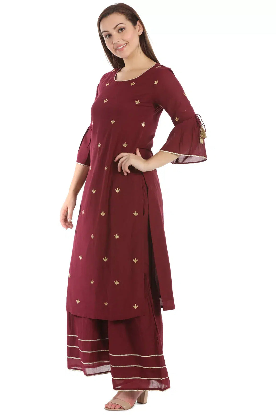 Wine Cotton Silk Solid Ensemble Kurta