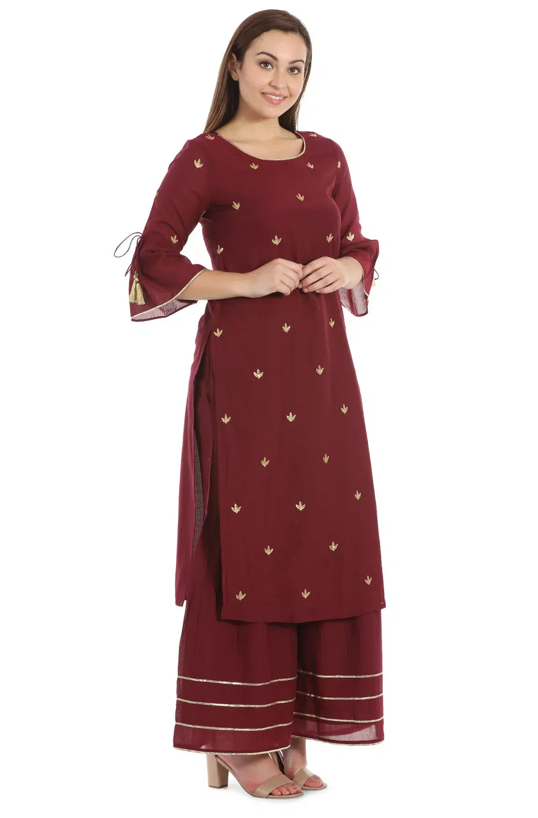 Wine Cotton Silk Solid Ensemble Kurta
