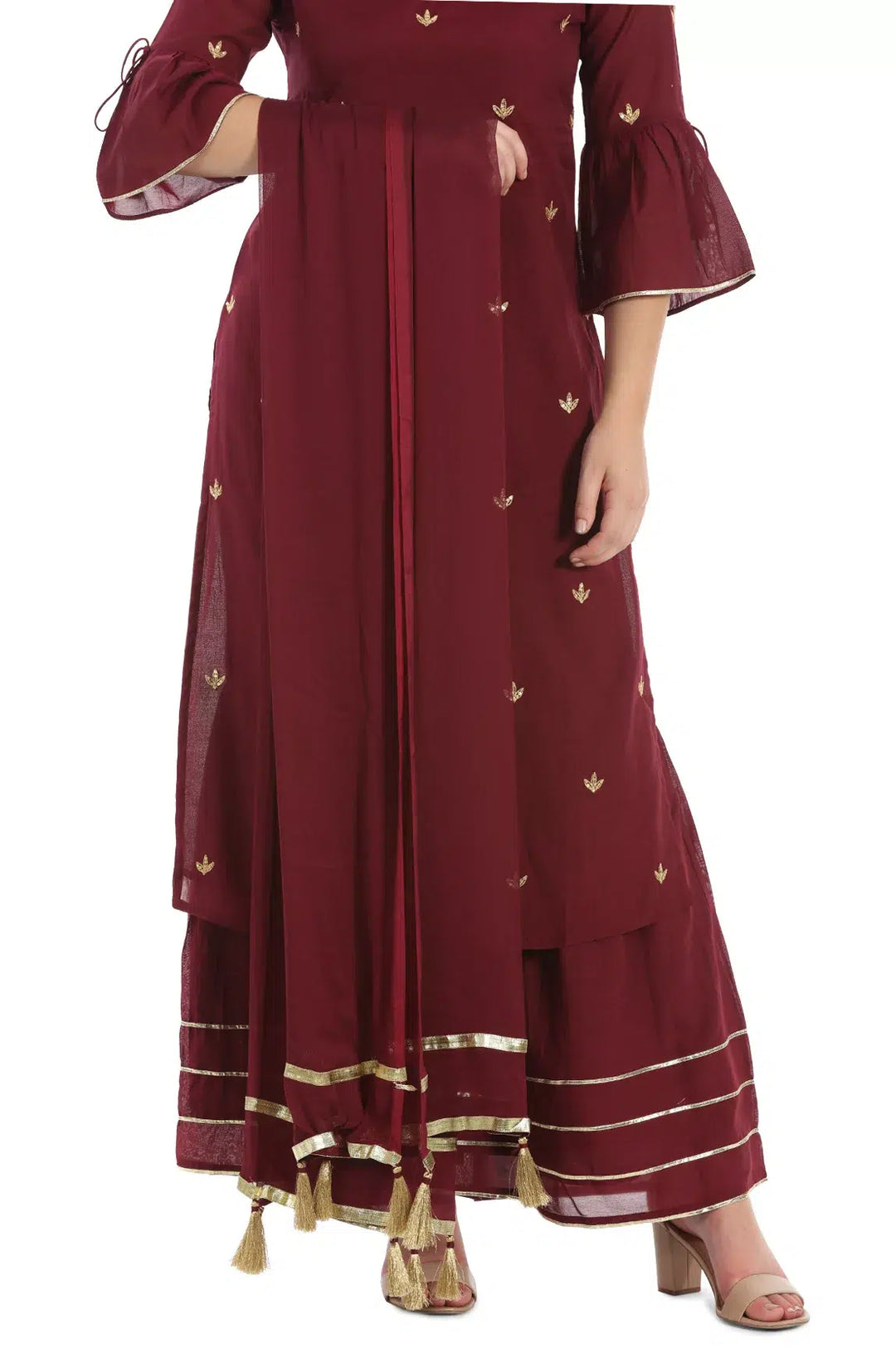 Wine Cotton Silk Solid Ensemble Kurta