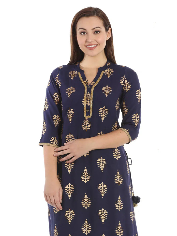 Navy Rayon Printed Ensemble Kurta