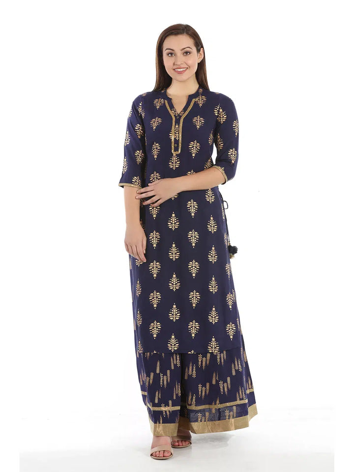 Navy Rayon Printed Ensemble Kurta