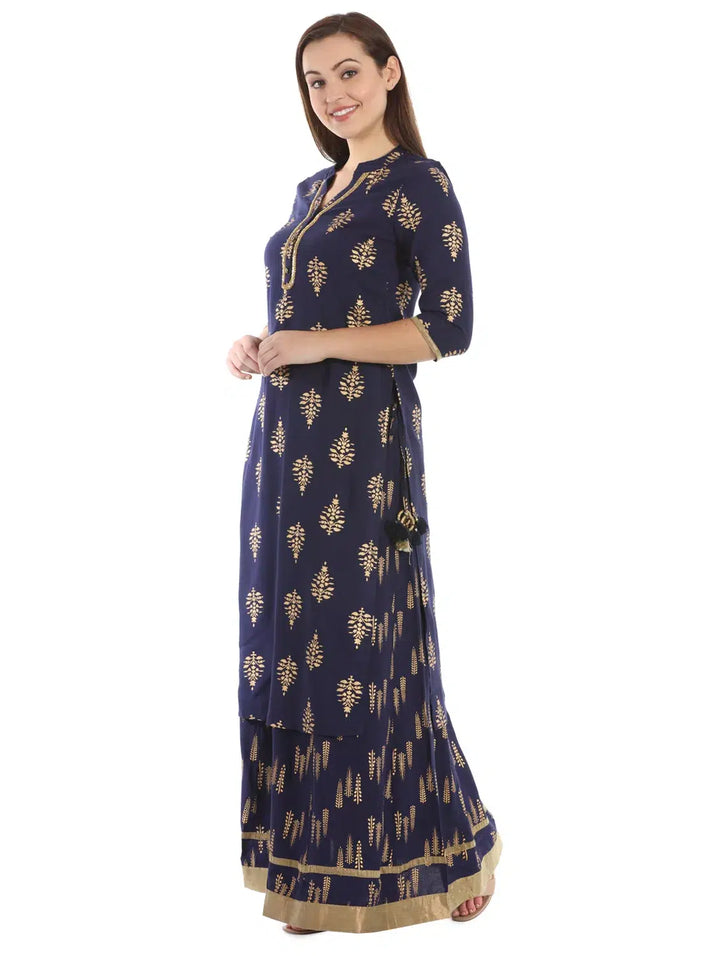 Navy Rayon Printed Ensemble Kurta
