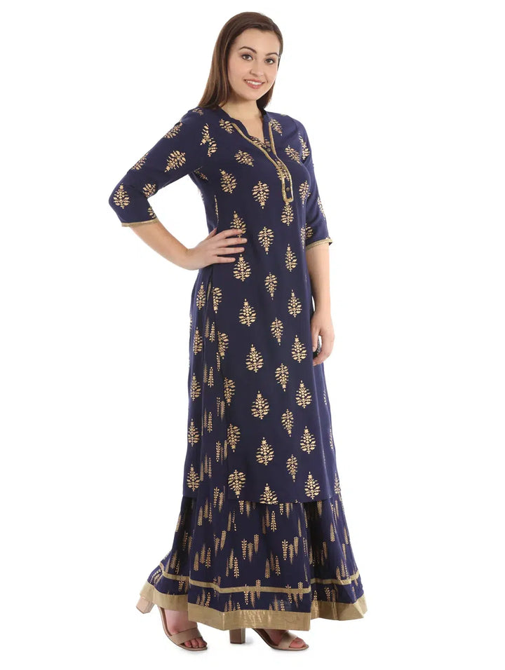 Navy Rayon Printed Ensemble Kurta