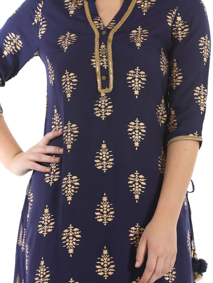 Navy Rayon Printed Ensemble Kurta