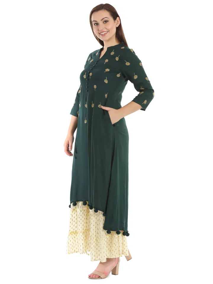 Bottle Green A-Line Rayon Kurti