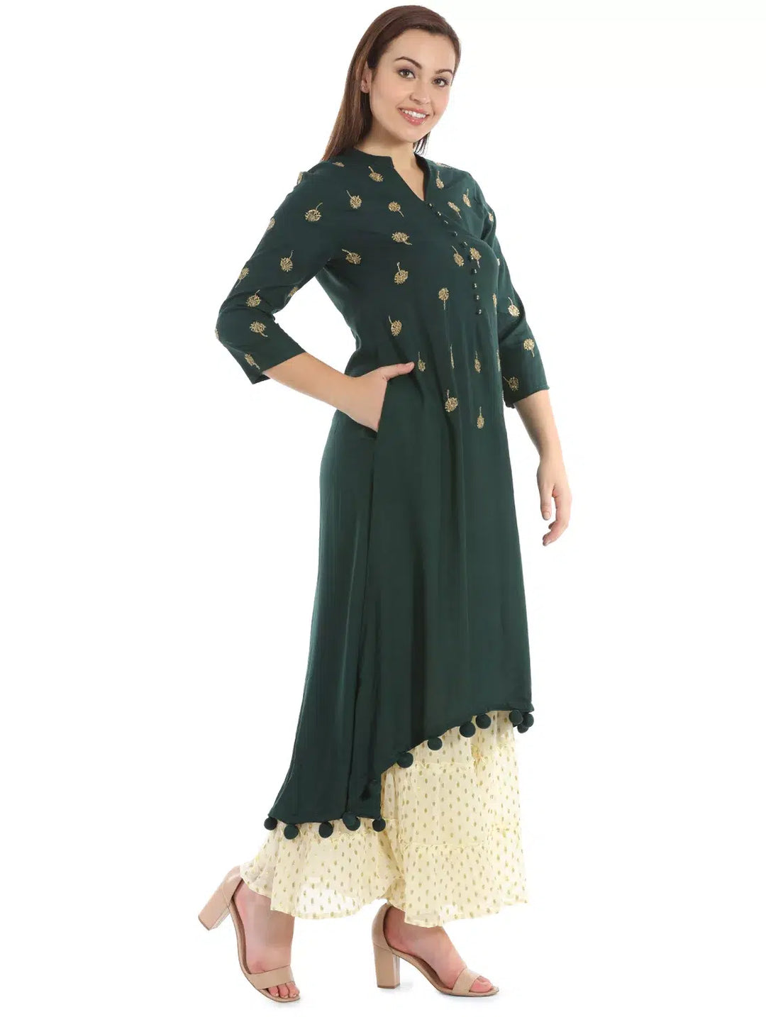 Bottle Green A-Line Rayon Kurti