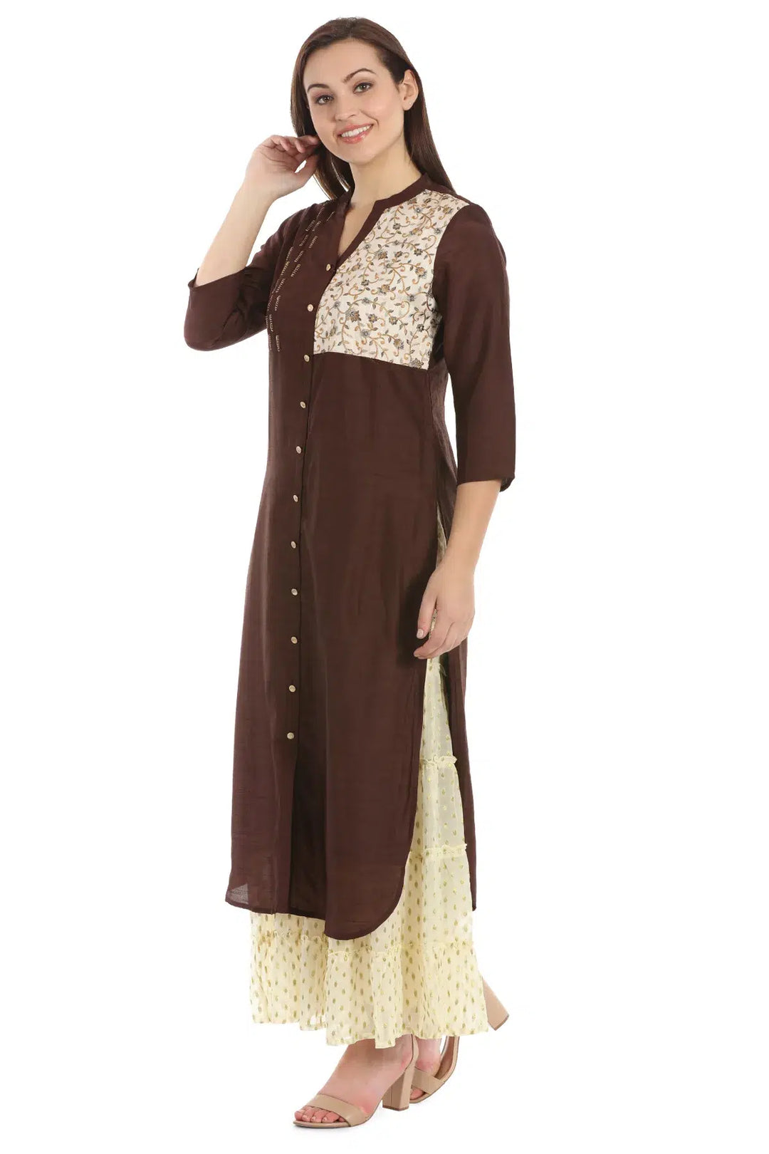 Brown Silk Embroidered Ensemble Kurta