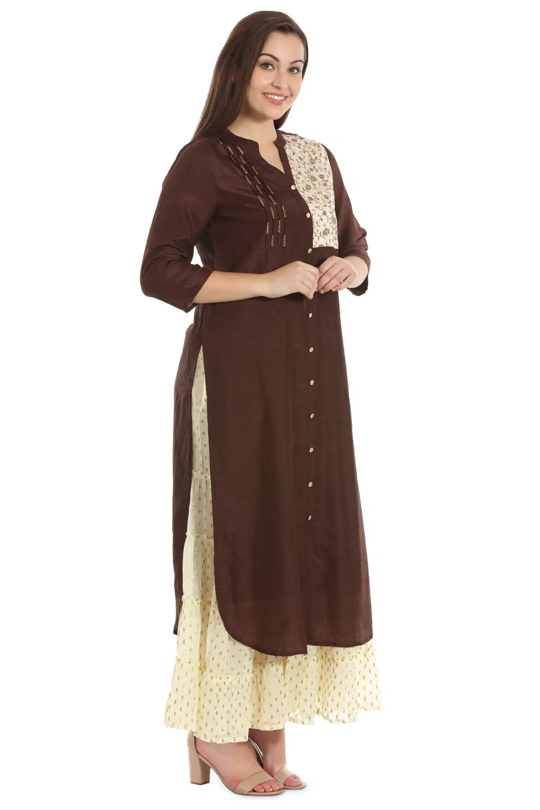 Brown Silk Embroidered Ensemble Kurta