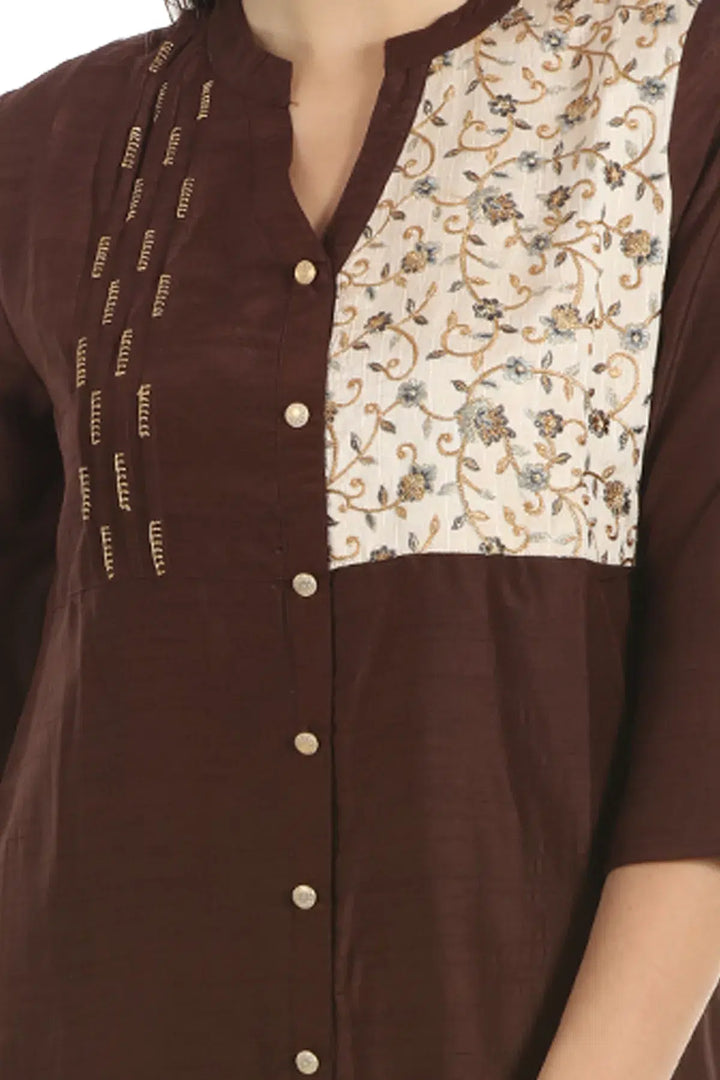 Brown Silk Embroidered Ensemble Kurta