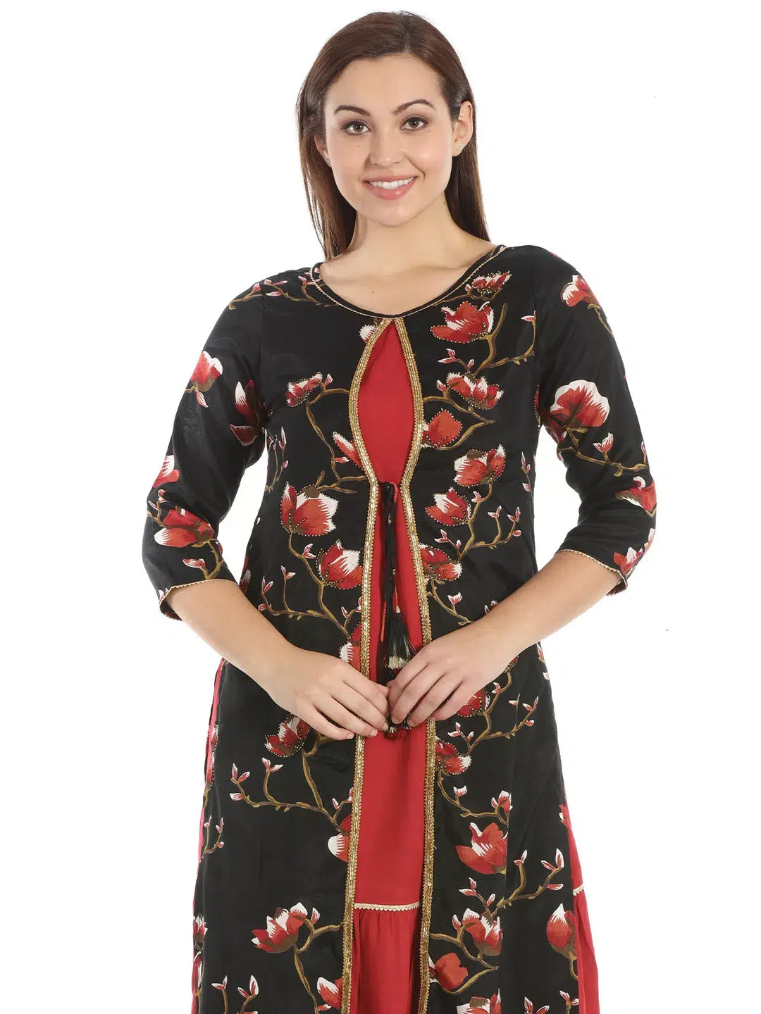 Black And Red Floral Print Rayon Shantoon Kurti