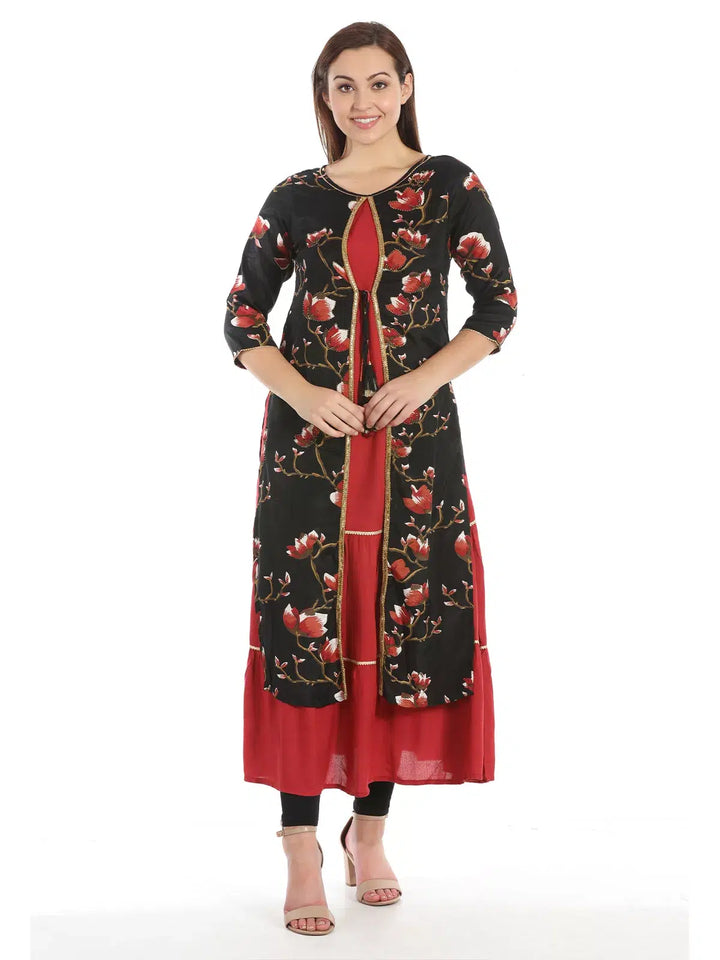 Black And Red Floral Print Rayon Shantoon Kurti