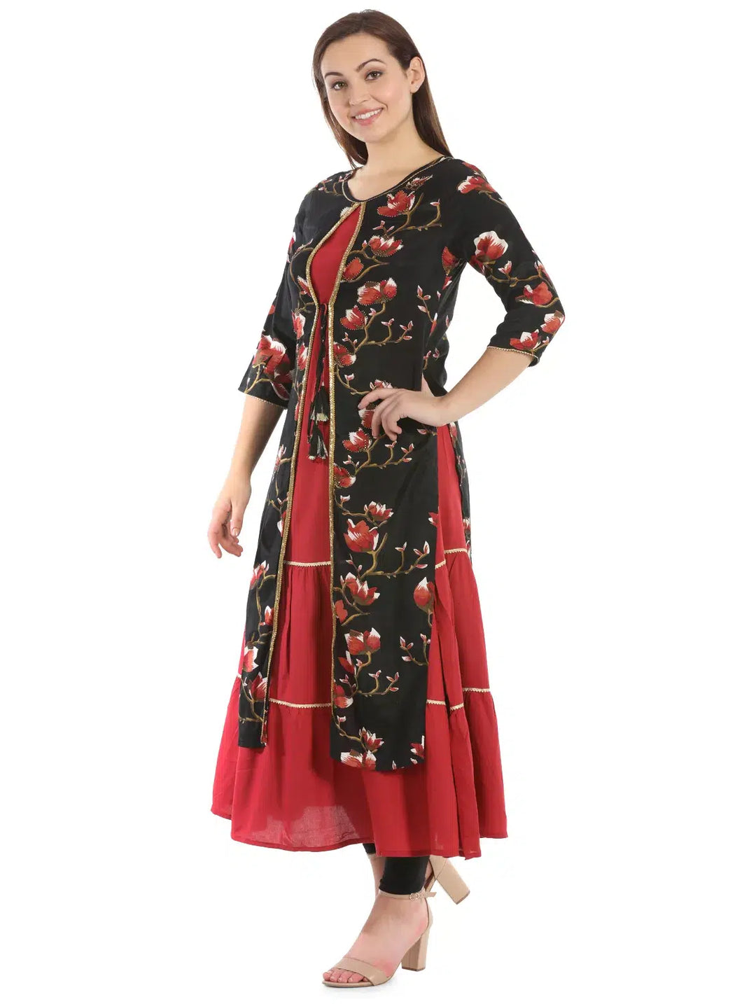 Black And Red Floral Print Rayon Shantoon Kurti