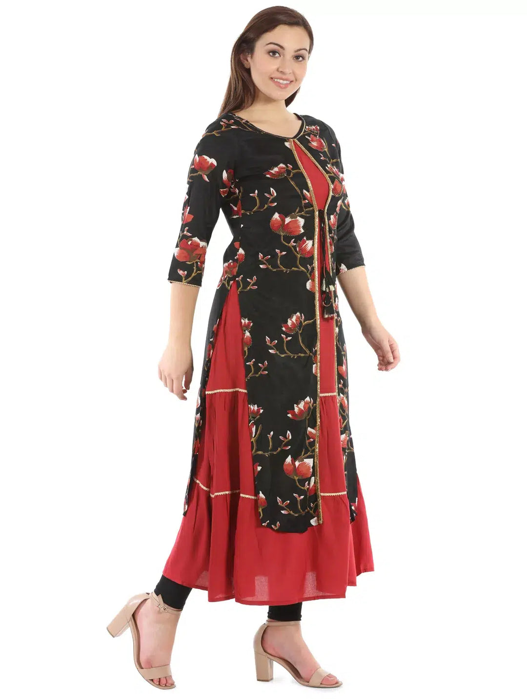 Black And Red Floral Print Rayon Shantoon Kurti