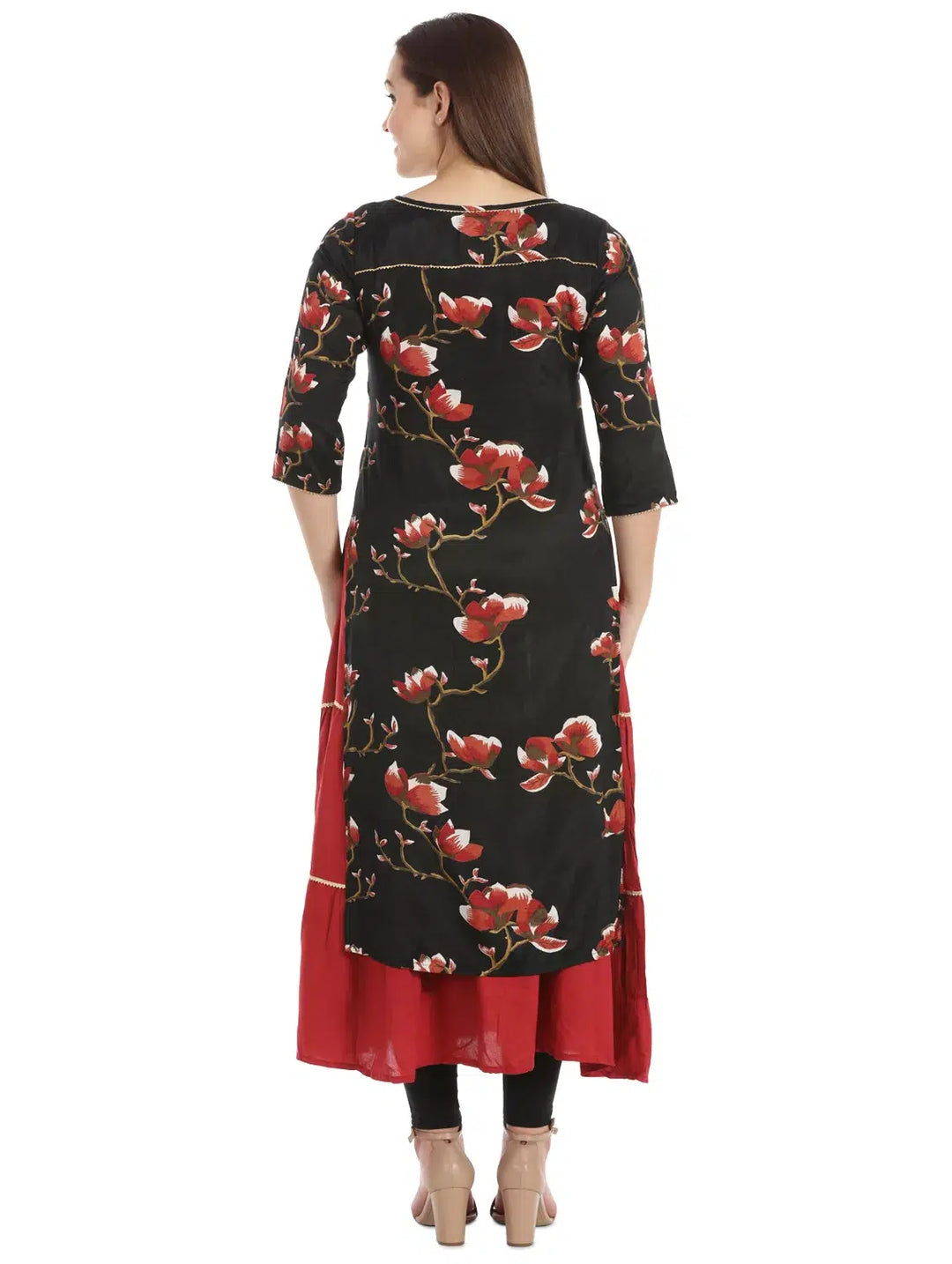 Black And Red Floral Print Rayon Shantoon Kurti