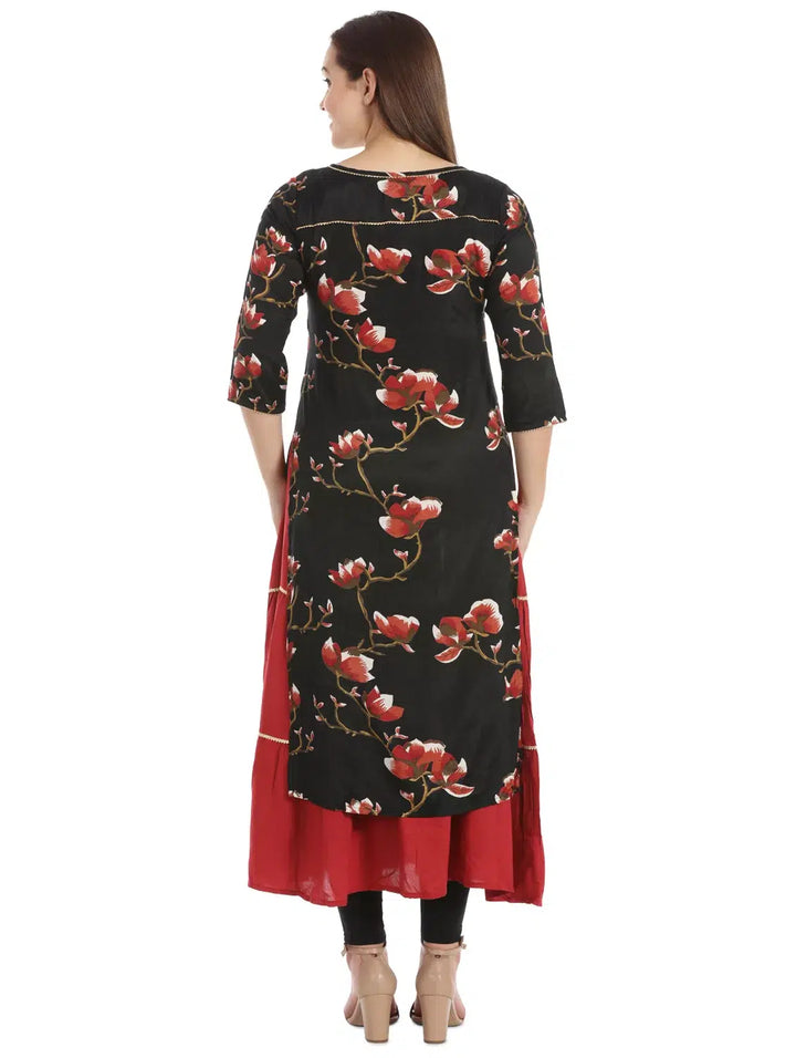 Black And Red Floral Print Rayon Shantoon Kurti
