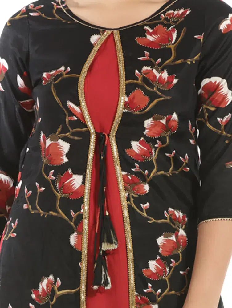 Black And Red Floral Print Rayon Shantoon Kurti