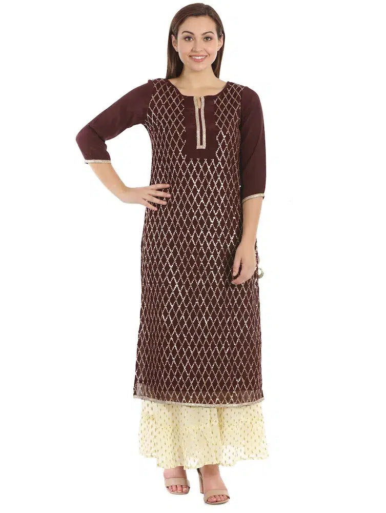 Brown sequence Chiffon Embroidered Ensemble Kurta