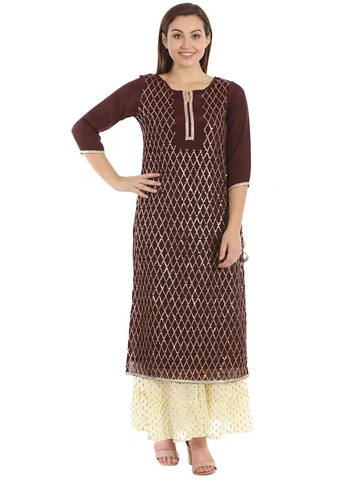 Brown sequence Chiffon Embroidered Ensemble Kurta