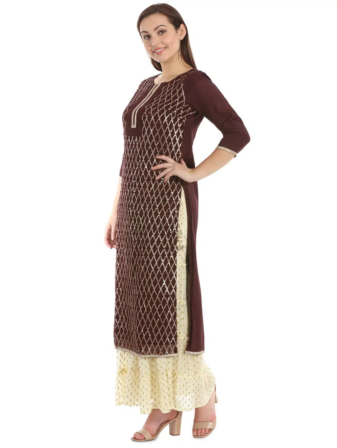 Brown sequence Chiffon Embroidered Ensemble Kurta